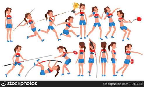 Athletics Girl Player Female Vector. Athletic Sport Competition. Sports Equipment. Sprinter. Sprint Start. Cartoon Athlete Character Illustration. Athletics Female Player Vector. Win Concept. Various. Race Competition. Hurdle long Jump. In Action. Cartoon Character Illustration