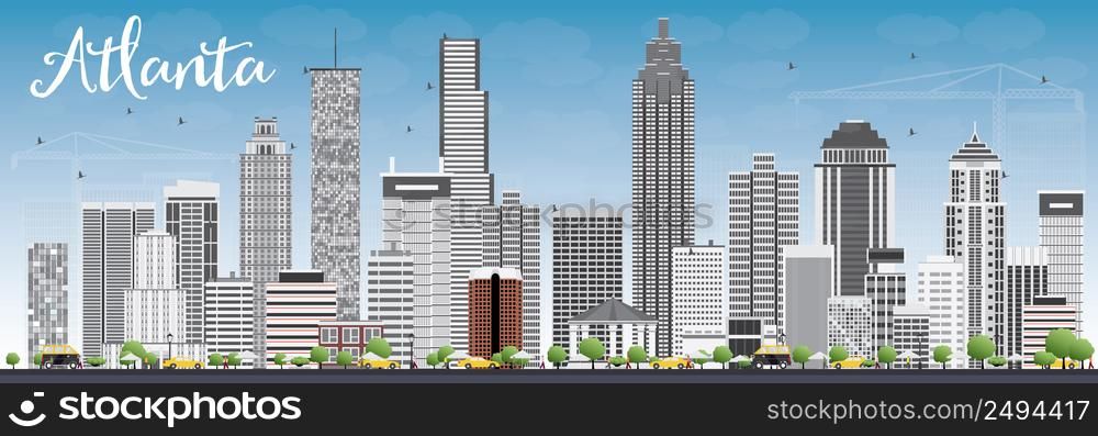 Atlanta Skyline with Gray Buildings and Blue Sky. Vector Illustration. Business Travel and Tourism Concept with Modern Buildings. Image for Presentation Banner Placard and Web Site.