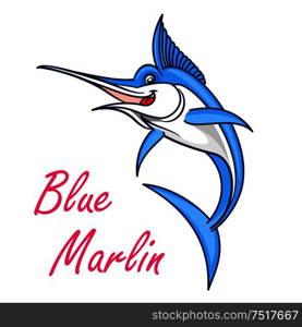 Atlantic blue marlin cartoon symbol of game fish with long, lethal spear shaped upper jaw. Sporting fishing emblem or oriental seafood design usage. Atlantic blue marlin symbol for mascot design