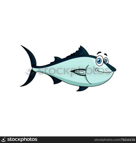 Atlantic bluefin tuna isolated cartoon fish. Vector aquatic mackerel with silvery blue scales. Cartoon atlantic tuna isolated marine animal
