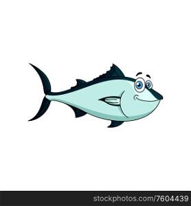 Atlantic bluefin tuna isolated cartoon fish. Vector aquatic mackerel with silvery blue scales. Cartoon atlantic tuna isolated marine animal
