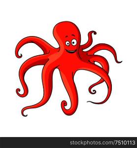 Atlantic ocean red octopus cartoon animal with long tentacles and cheerful smile. Marine adventure or wildlife design. Cartoon red octopus with long tentacles
