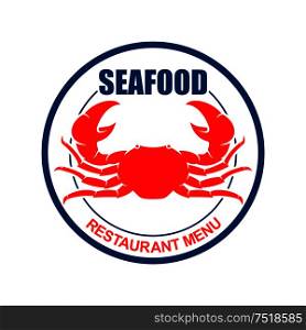 Atlantic red crab on dinner plate with text Seafood and Restaurant Menu. Retro stylized symbol for restaurant or bar menu design. Crab on a plate retro icon for seafood menu design