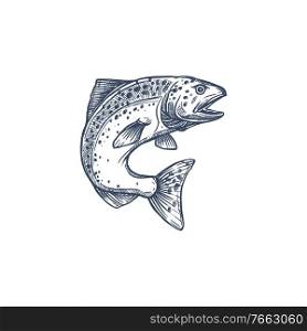 Atlantic salmon ray-finned fish in family Salmonidae isolated monochrome sketch. Vector trout, char, grayling and whitefish in jump, fishing sport trophy. Underwater animal, salmon hand drawn. Salmon or trout grayling whitefish isolated sketch