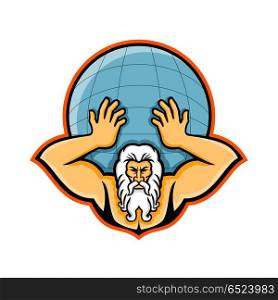 Atlas Holding Up World Mascot. Mascot icon illustration of head of Atlas, a Titan in Greek god mythology holding up the world or globe the viewed from front on isolated background in retro style.. Atlas Holding Up World Mascot