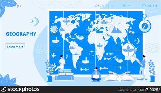 Atlas with metrics, compass, and oceans concept vector. Geographers study earth. Geography online and topography research illustration. Teacher in front of map in school or university.. Atlas with metrics, compass, and oceans concept vector. Geographers study earth. Geography online and topography research illustration. Teacher in front of map in school