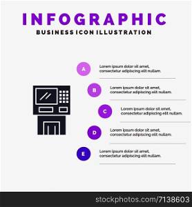 Atm, Bank, Cash, Cashpoint, Dispenser, Finance, Machine, Money Solid Icon Infographics 5 Steps Presentation Background