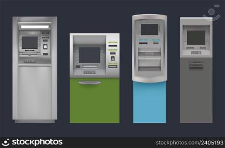 Atm. Bank payment machines online automated deposit decent vector realistic atm services collection. Set of atm bank, finance banking illustration. Atm. Bank payment machines online automated deposit decent vector realistic atm services collection
