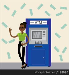 ATM bank terminal and happy african american businesswoman,blue auto teller machine, flat vector illustration