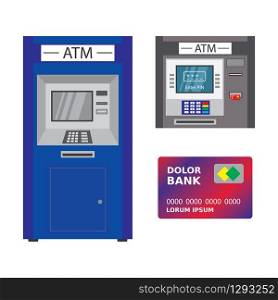 ATM bank terminal,Set of two auto teller machine and credit or debit card template, isolated on white background,flat vector illustration