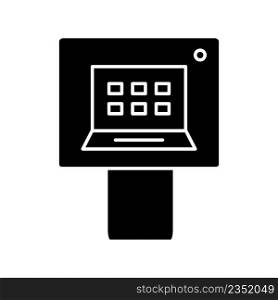ATM black glyph icon. Automated teller machine. Telecommunications technology. Banking operations device. Silhouette symbol on white space. Solid pictogram. Vector isolated illustration. ATM black glyph icon