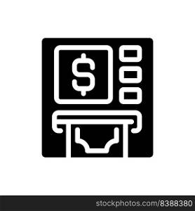 ATM black glyph icon. Automated teller machine. Withdrawing cash. Financial transactions. Computerized device. Silhouette symbol on white space. Solid pictogram. Vector isolated illustration. ATM black glyph icon