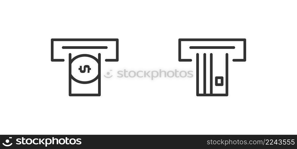 ATM black line icon. Card and money sing simbol. Isolated flat vector illustration