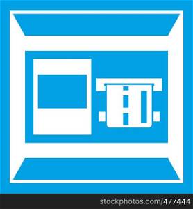 ATM icon white isolated on blue background vector illustration. ATM icon white