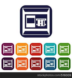 ATM icons set vector illustration in flat style in colors red, blue, green, and other. ATM icons set