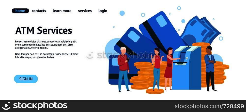 Atm landing page. Mobile banking and online payment concept website template. Vector illustration savings simple payment purchase. Atm landing page. Mobile banking and online payment concept website template. Vector illustration simple payment purchase