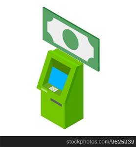 Atm machine icon isometric vector. New green atm machine and big dollar banknote. Receiving and dispensing cash. Atm machine icon isometric vector. New green atm machine and big dollar banknote