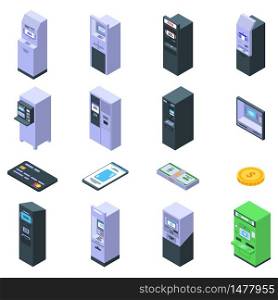 Atm machine icons set. Isometric set of atm machine vector icons for web design isolated on white background. Atm machine icons set, isometric style