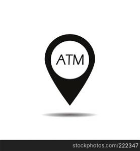 ATM machine location icon. Nearby bank pinpoint. Drop shadow map pointer silhouette symbol. Vector isolated illustration. ATM machine location icon