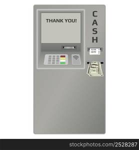 ATM machine with cash dollars and check in slot frontally isolated on white background. Vector illustration.. ATM machine with cash dollars and check in slot frontally isolated on white background.