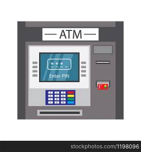 ATM machine with credit card,isolated on white background,enter pin -text,flat vector illustration