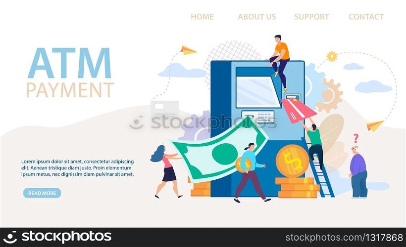 ATM Payment and Financial Transaction Landing Page Flat Design. Cartoon Man and Woman Performing Different Finance Operations and Money Transferring. Confused Old Elderly. Vector Cartoon Illustration. ATM Payment and Financial Transaction Landing Page
