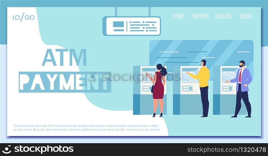 ATM Payment, Digital Banking, Distant Financial Transactions Service Flat Vector Web Banner, Landing Page Template with Man and Woman Using ATM Terminals, Making Cash Payments in Bank Illustration