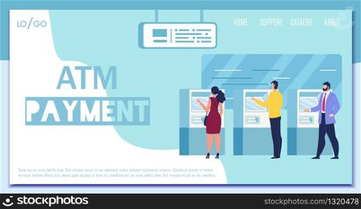ATM Payment, Digital Banking, Distant Financial Transactions Service Flat Vector Web Banner, Landing Page Template with Man and Woman Using ATM Terminals, Making Cash Payments in Bank Illustration