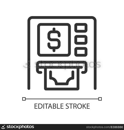 ATM pixel perfect linear icon. Automated teller machine. Withdrawing cash. Financial transactions. Thin line illustration. Contour symbol. Vector outline drawing. Editable stroke. Arial font used. ATM pixel perfect linear icon