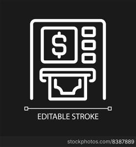 ATM pixel perfect white linear icon for dark theme. Automated teller machine. Withdraw. Financial transactions. Thin line illustration. Isolated symbol for night mode. Editable stroke. Arial font used. ATM pixel perfect white linear icon for dark theme