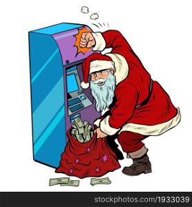 ATM pours out money, Santa Claus gets a Christmas holiday bonus. Pop Art Retro Vector Illustration Kitsch Vintage 50s 60s Style. ATM pours out money, Santa Claus gets a Christmas holiday bonus