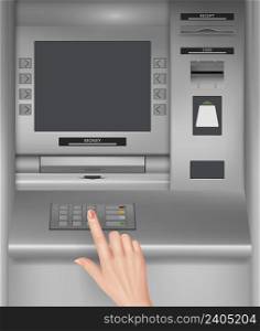 ATM screen. Monitor of payment machines hand holding money and banking card from ATM decent vector realistic illustration. Payment screen machine, finance banking transaction. ATM screen. Monitor of payment machines hand holding money and banking card from ATM decent vector realistic illustration