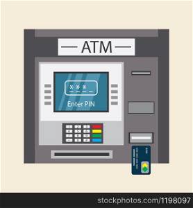 ATM teller machine with credit card,isolated on white background,flat vector illustration