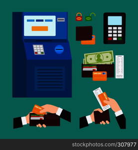 ATM Terminal Usage. Deposit and withdrawal money icons. ATM Terminal Usage