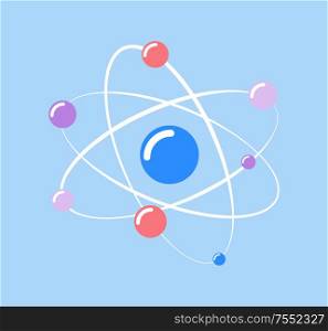 Atom and small particles isolated icon of chemical element vector. Molecular structure, protons and neutrons moving on spiral, scientific research info. Atom and Small Particles Isolated Icon of Chemical