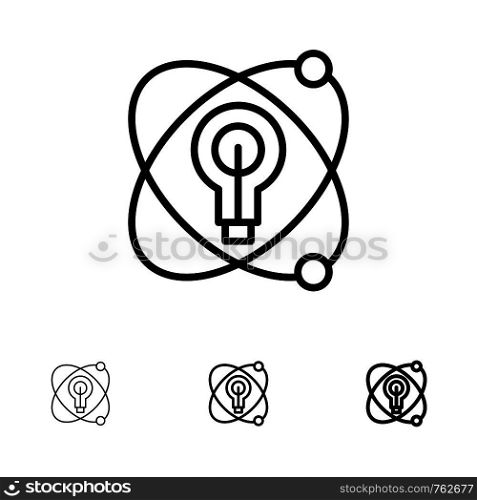 Atom, Education, Nuclear, Bulb Bold and thin black line icon set