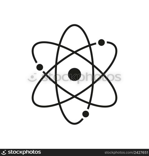 Atom icon. Atom isolated symbol. Nuclear science. Nucleus of proton. Core of neutron. Molecule of life. Pictogram for physics, energy, medicine and chemistry. Vector.