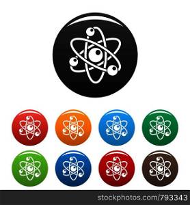 Atom icons set 9 color vector isolated on white for any design. Atom icons set color