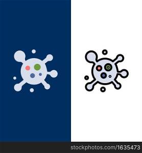 Atom, Molecule, Science  Icons. Flat and Line Filled Icon Set Vector Blue Background