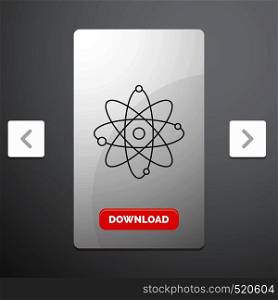 atom, nuclear, molecule, chemistry, science Line Icon in Carousal Pagination Slider Design & Red Download Button. Vector EPS10 Abstract Template background