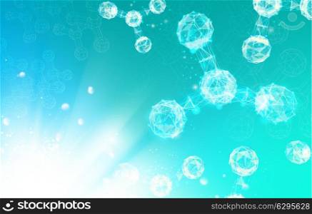 Atom particles over blue background with shining sparks. Vector illustration.