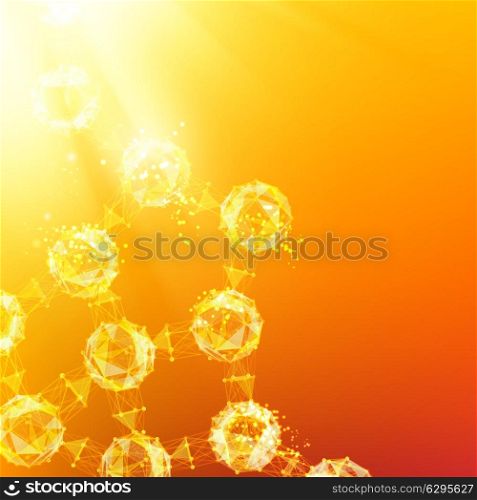 Atom particles over orange background with shining sparks. Vector illustration.