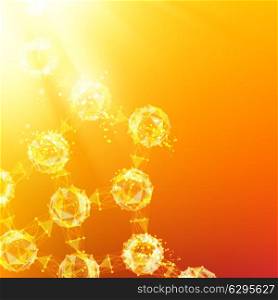 Atom particles over orange background with shining sparks. Vector illustration.