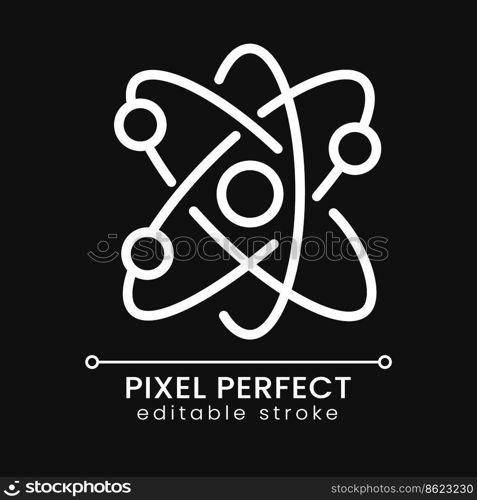 Atom structure pixel perfect white linear icon for dark theme. Smallest particle. Molecular structure. Thin line illustration. Isolated symbol for night mode. Editable stroke. Poppins font used. Atom structure pixel perfect white linear icon for dark theme