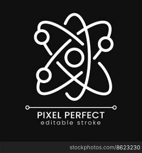 Atom structure pixel perfect white linear icon for dark theme. Smallest particle. Molecular structure. Thin line illustration. Isolated symbol for night mode. Editable stroke. Poppins font used. Atom structure pixel perfect white linear icon for dark theme