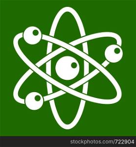Atom with electrons icon white isolated on green background. Vector illustration. Atom with electrons icon green