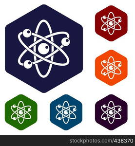 Atom with electrons icons set hexagon isolated vector illustration. Atom with electrons icons set hexagon