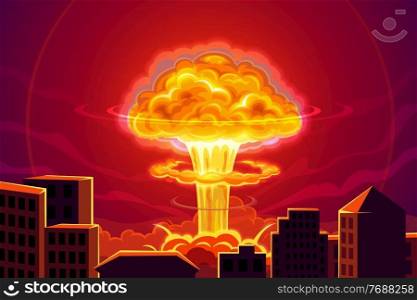 Atomic bomb explosion in city cartoon vector background. Nuclear power plant accident, mass destruction weapon at war conflict. Nuclear explosion blast and mushroom cloud, city buildings in fire. Atomic bomb nuclear explosion in city background