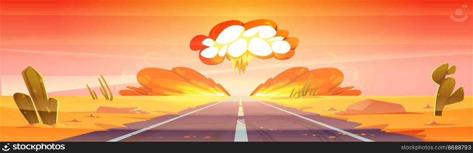 Atomic bomb explosion in desert. Concept of atom war, nuke blast. Vector cartoon illustration of sand desert landscape with road, cactuses and mushroom cloud of nuclear explode with fire and smoke. Atomic bomb explosion, mushroom cloud in desert