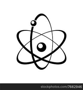 Atomic energy symbol black vector icon. Chemical reaction sign. Electrons moving on orbits minimal illustration. Atomic energy concept. Nuclear reaction model silhouette isolated on white background. Atomic energy symbol black vector icon